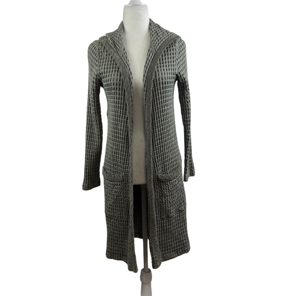 Green Waffle Knit Mod-o-Doc Hoodie Cardigan Sweater Coat XS Pockets 100% Cotton